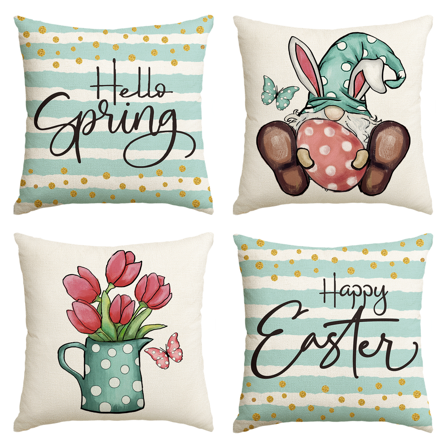 Sm:)e Hello Spring Gnome Flower Easter Throw Pillow Covers, 18 x 18 Inch Cushion Case Decoration for Sofa Couch Set of 4